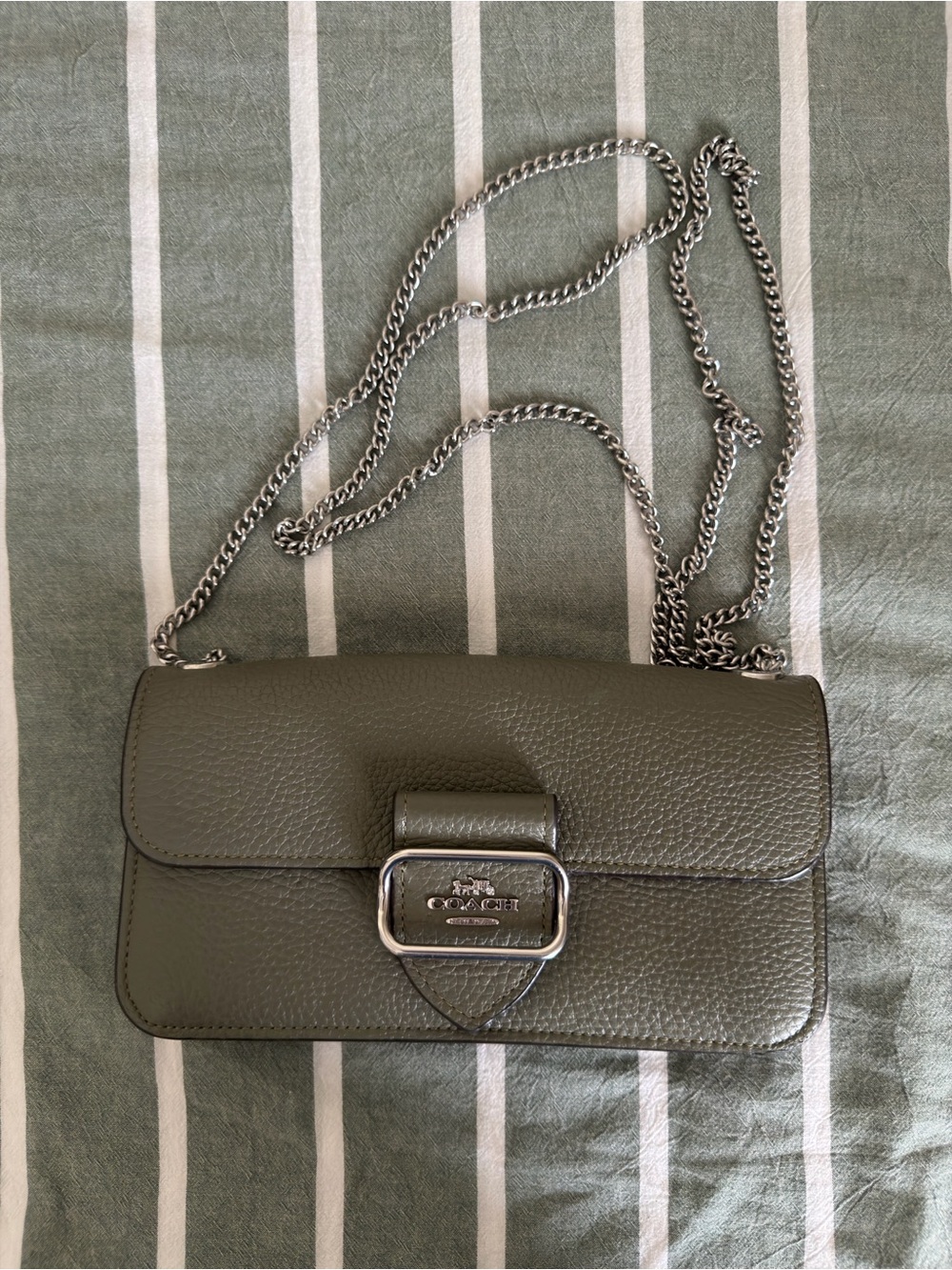 Coach Olive Green Pebbled Leather Crossbody with Silver Chain